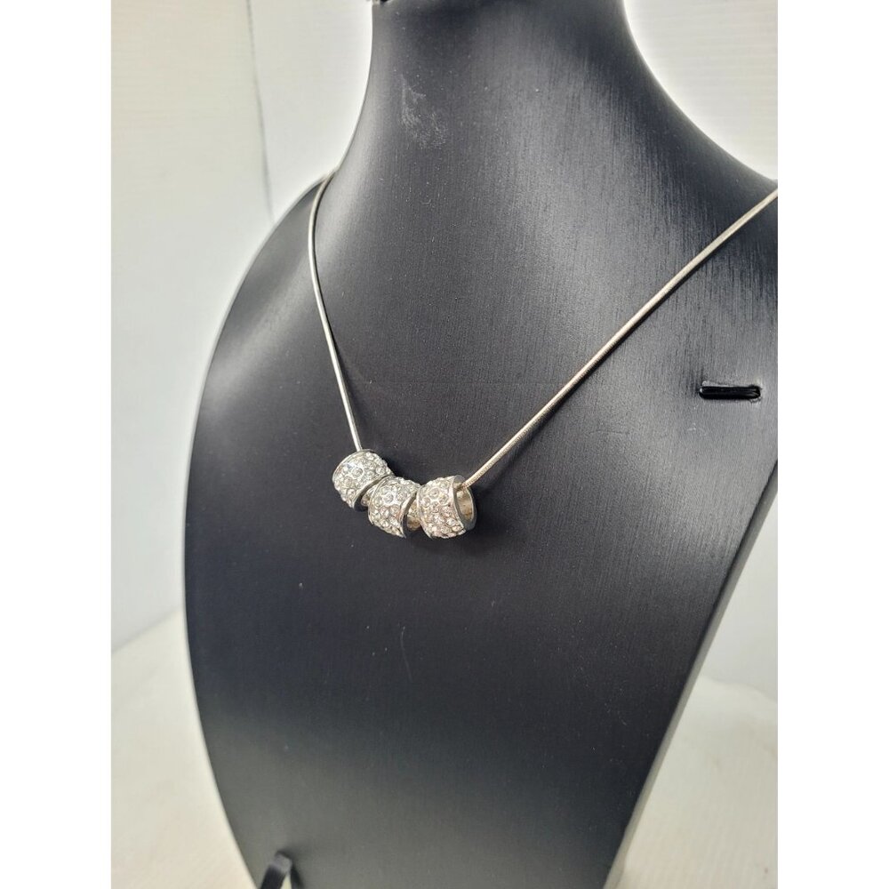 Vintage Elegant Sterling Silver Necklace With Three Sparkling Rhinestone Beads - Picture 12 of 16